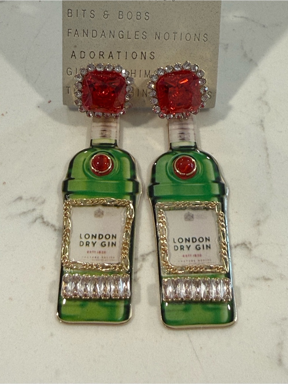 Anthropologie Green & Red London Dry Gin Bottle Drop Earrings